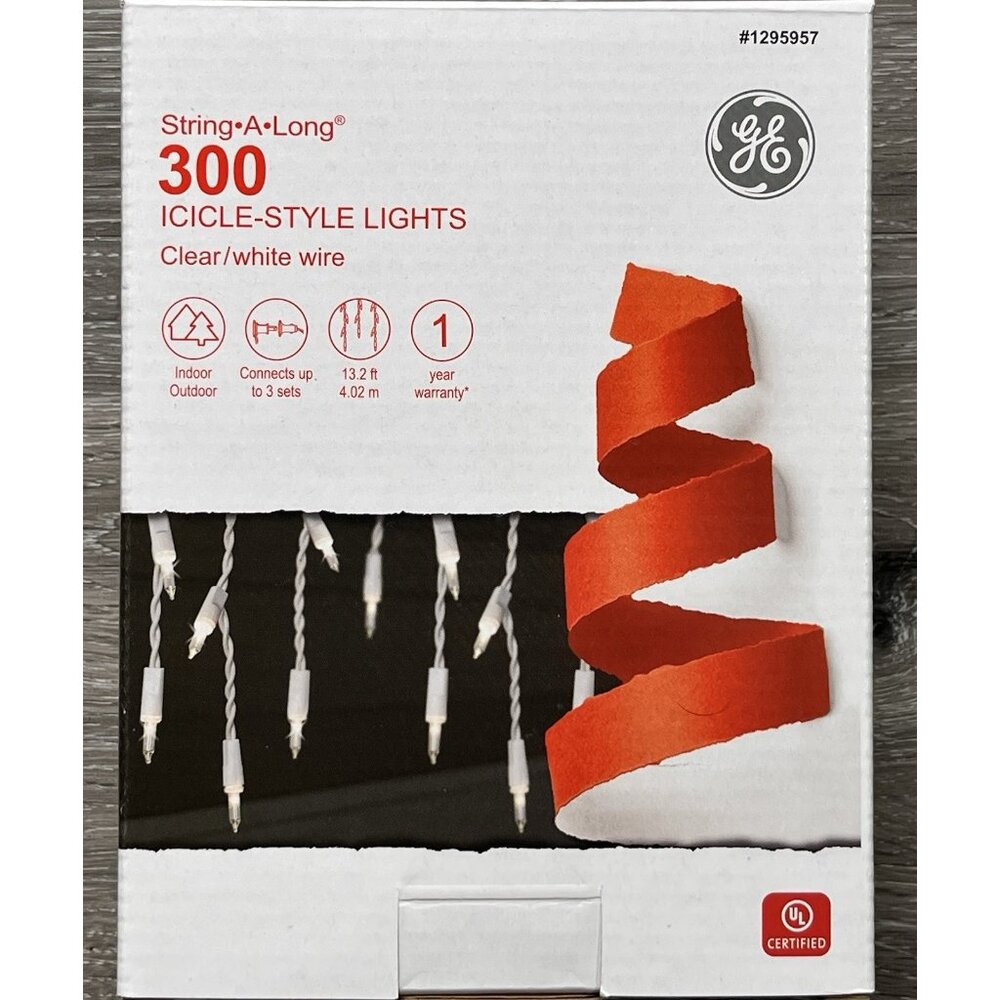 GE Icicle-Style Lights String-A-Long 300ct, Clear light/ White Wire- New